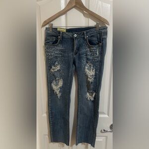 Machine Distressed Rhinestone Ripped‎ Low Rise Cut Off Crop Stretch Jeans Sz 11.